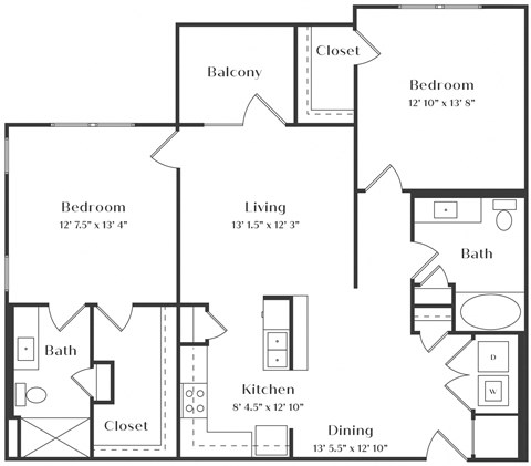 Floor plan for 2 beds, 2 baths, 1114 sqft